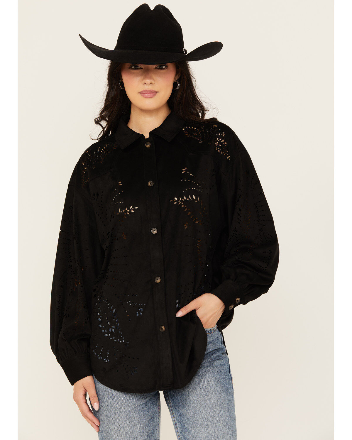 Women's Shyanne Faux Suede Laser Cutout Shacket
