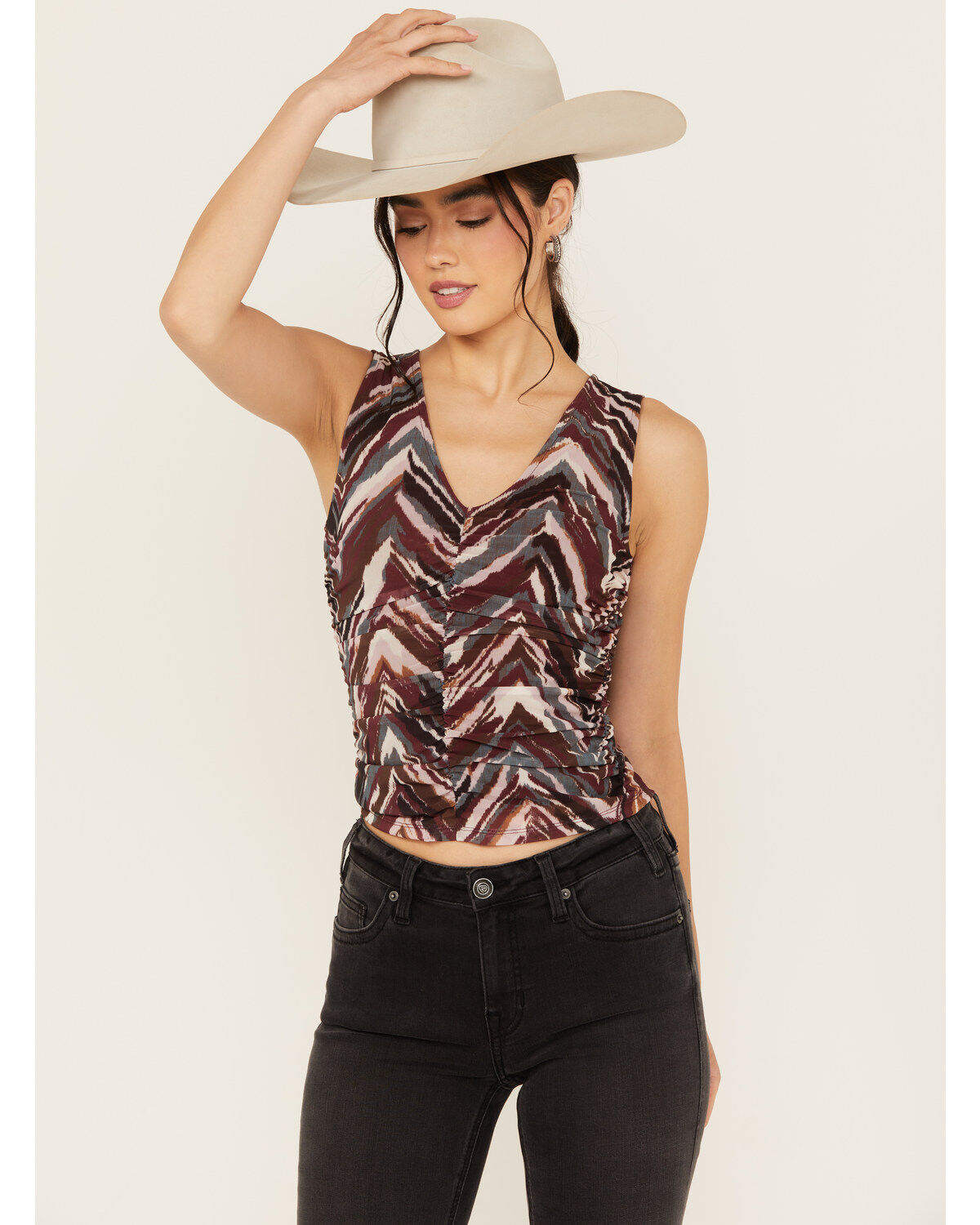 Women's Shyanne Printed Ruched Mesh Top