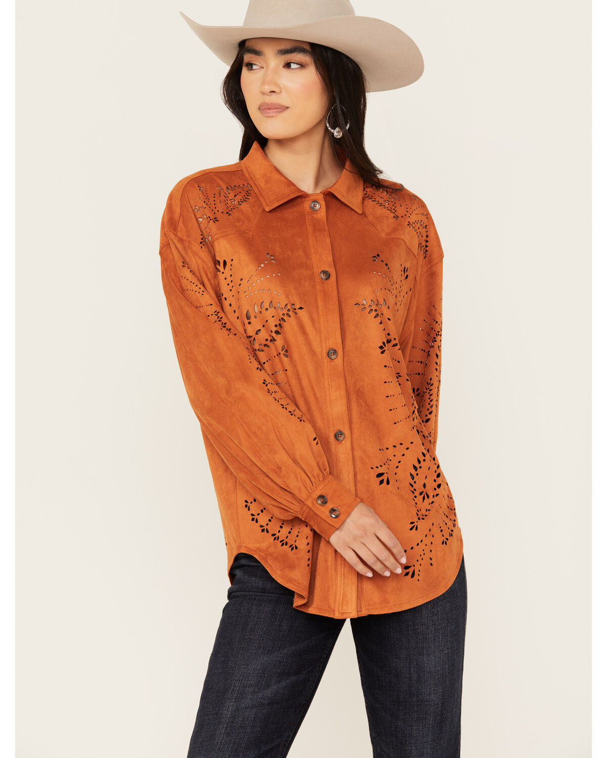 Women's Shyanne Faux Suede Laser Cutout Shacket