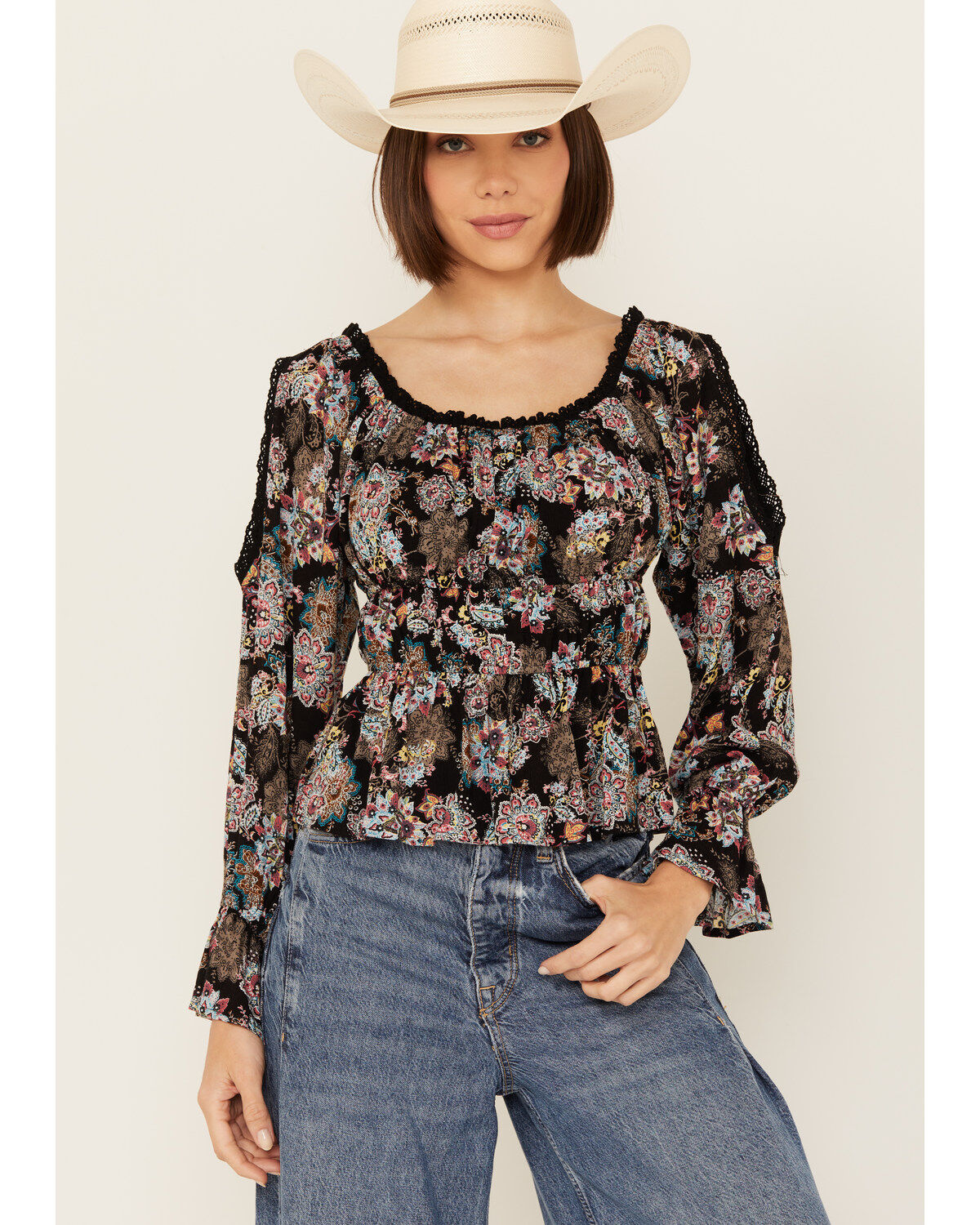 Women's Wild Moss Smocked Front Cold Shoulder Long Sleeve Shirt