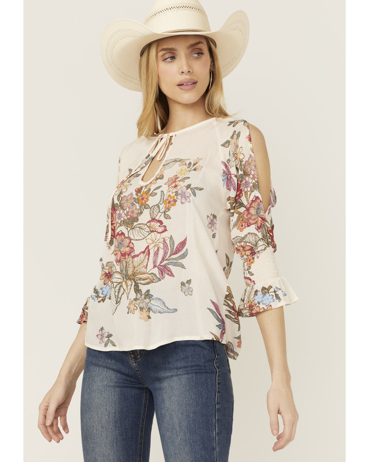 Women's Wild Moss Floral Print Cold Shoulder Top