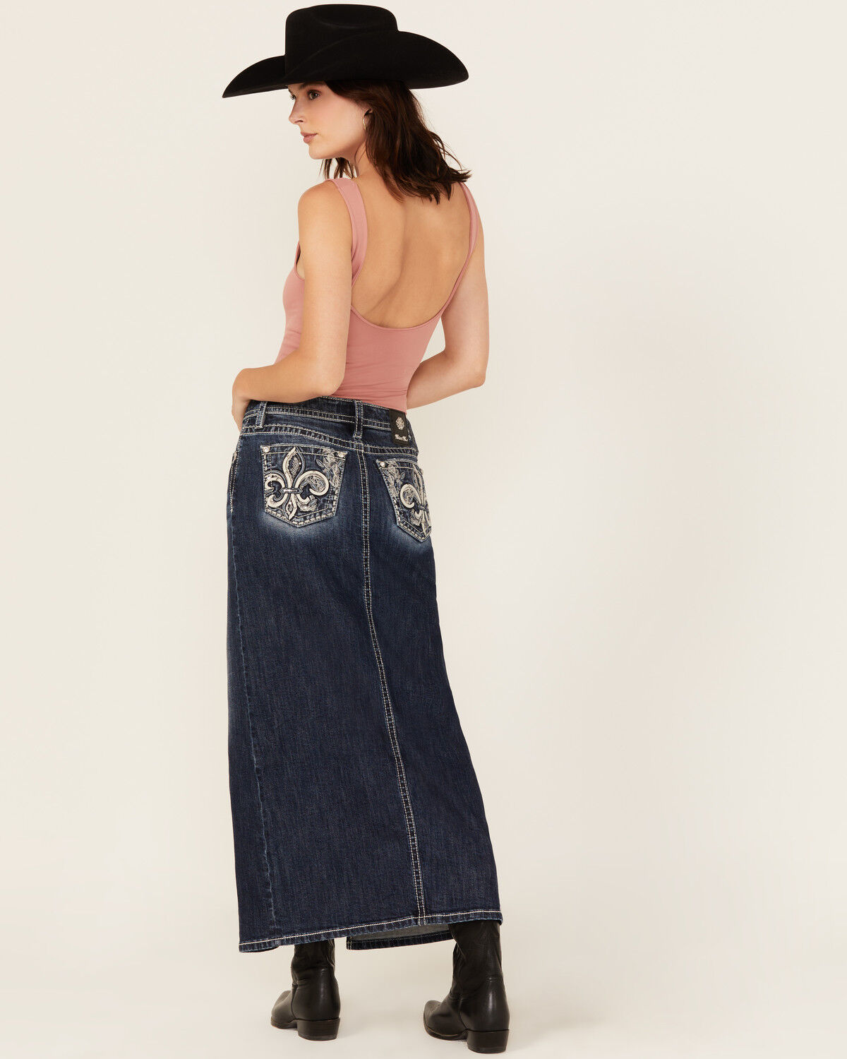 Women's Miss Me Dark Wash Embroidered Pocket Stretch Denim Maxi Skirt