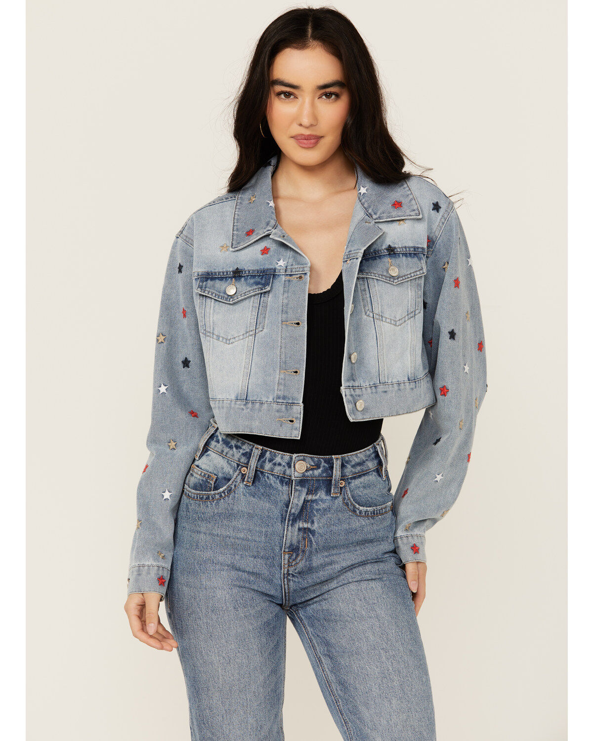 Women's Stoosh Medium Wash Star Embroidered Cropped Denim Jacket