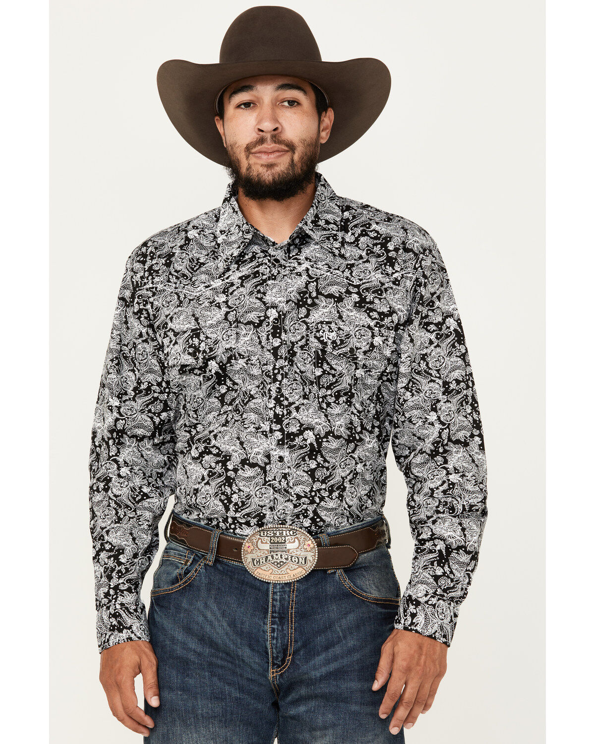 Men's Cowboy Hardware Floral Paisley Print Long Sleeve Snap Western Sh