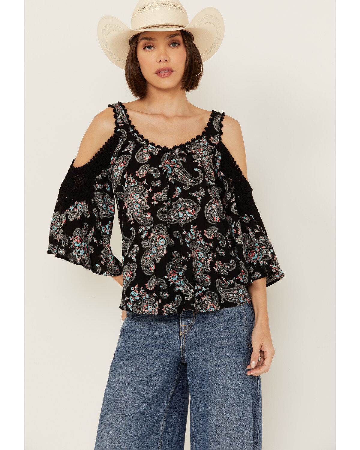 Women's Wild Moss Paisley Print Crochet Cold Shoulder Top