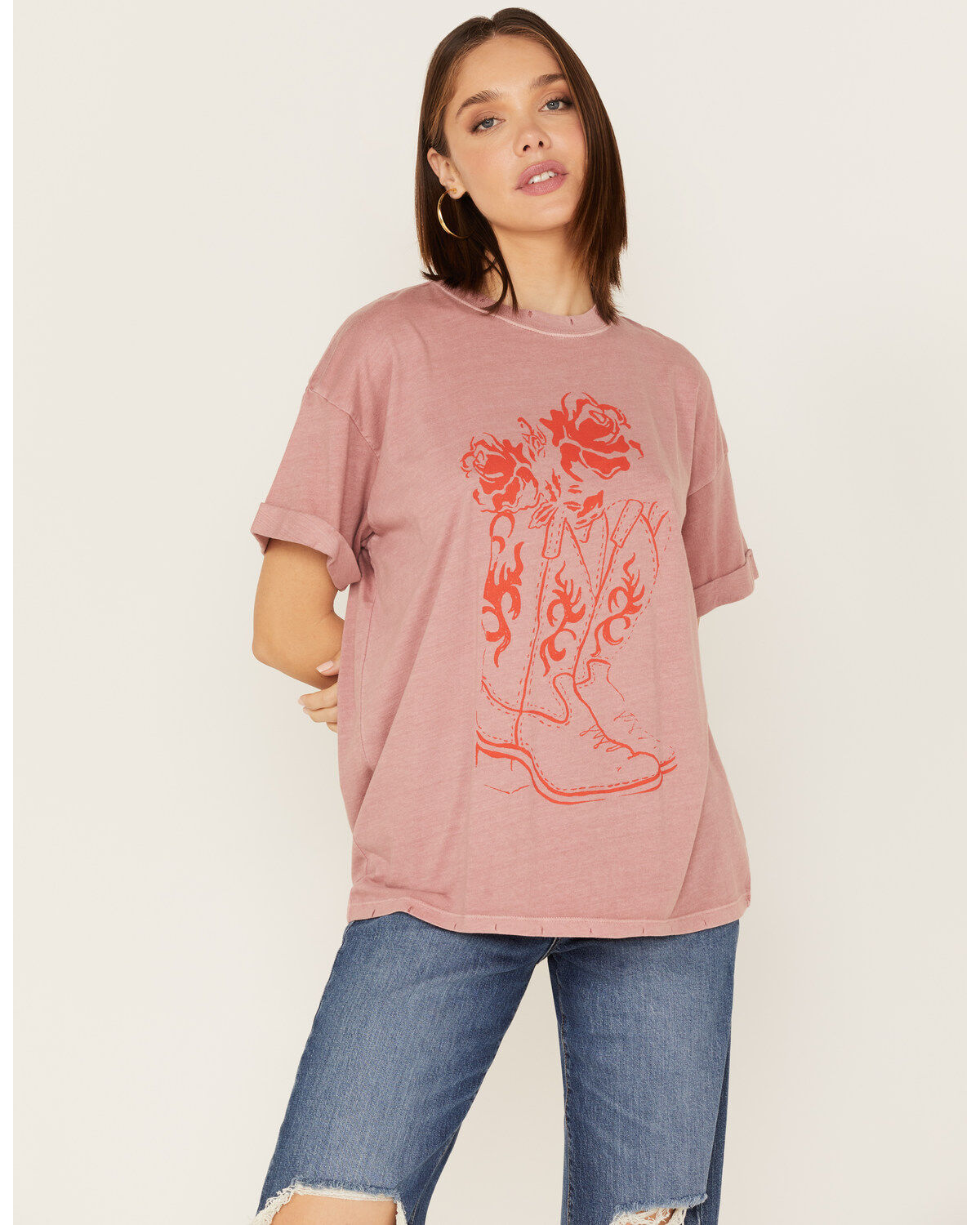 Women's Girl Dangerous Floral Cowgirl Boots Graphic Oversized Tee