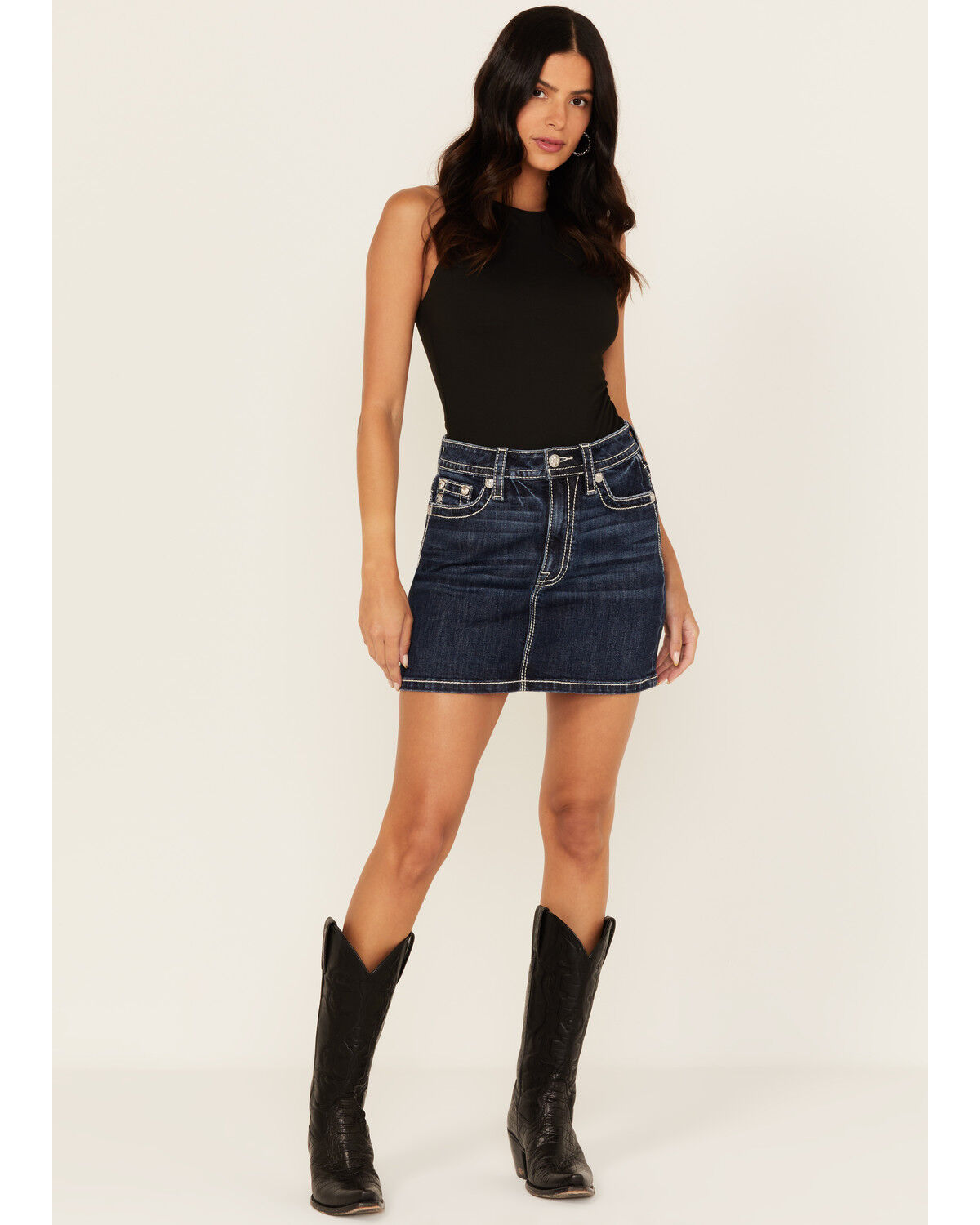 Women's Miss Me Dark Wash Embroidered Pocket Stretch Denim Mini Skirt