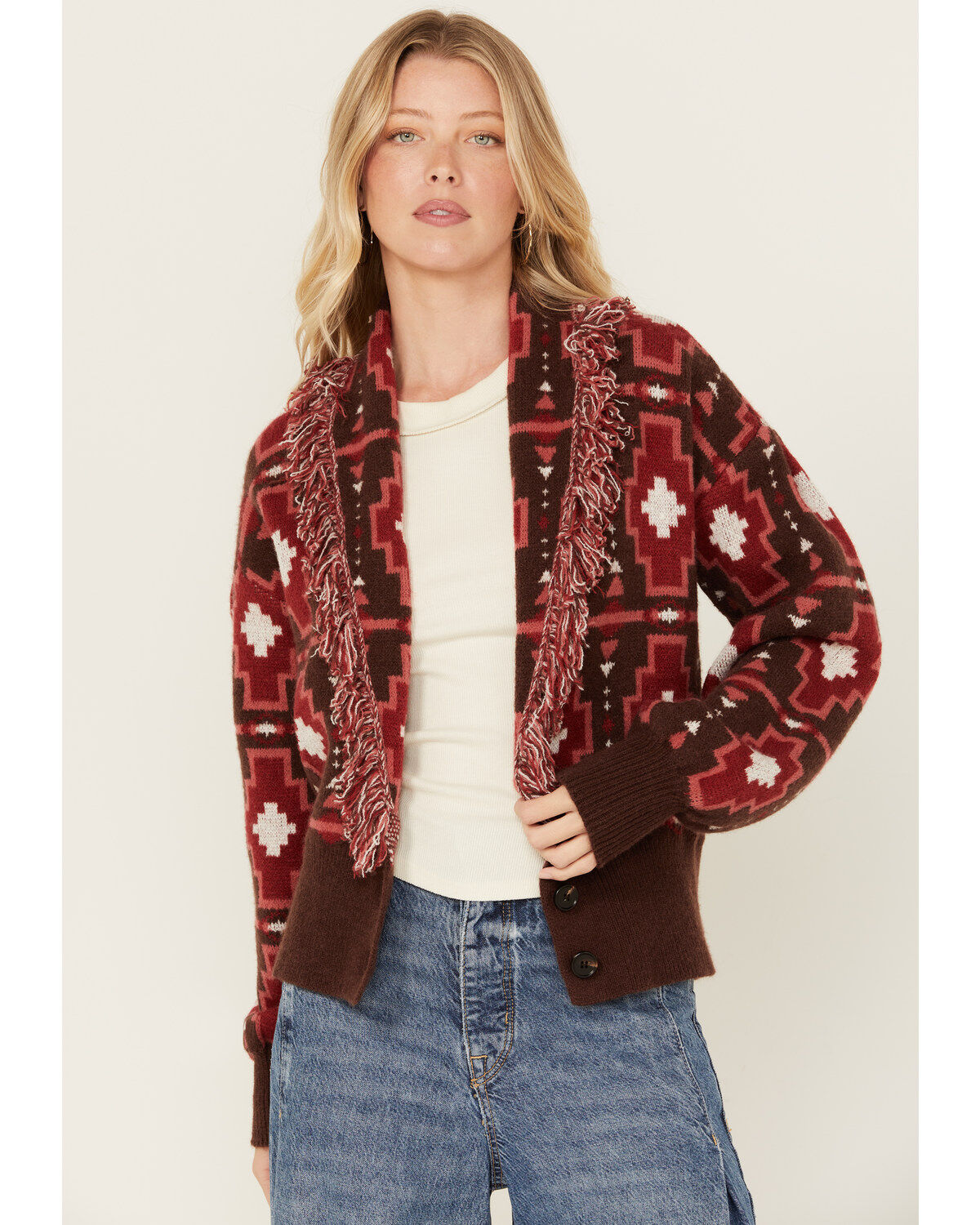 Women's Shyanne Cropped Southwestern Print Fringe Sweater
