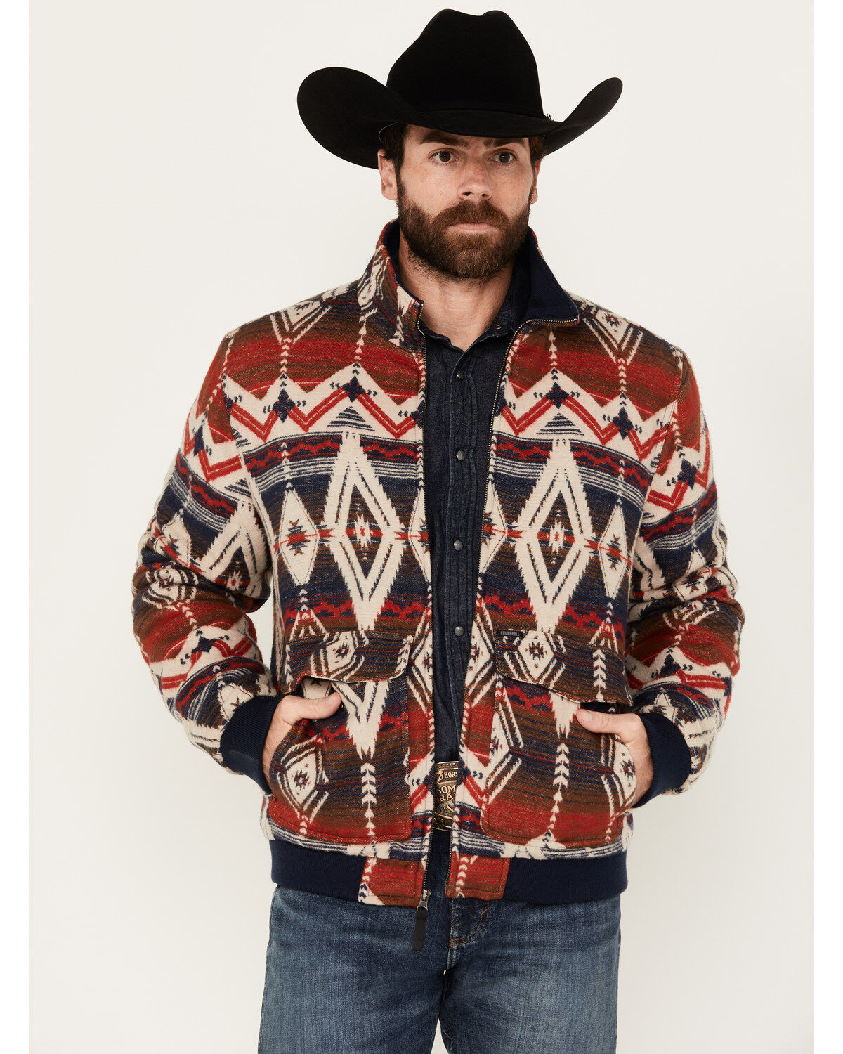 Men's Rock & Roll Denim Bomber Southwestern Zip Jacket
