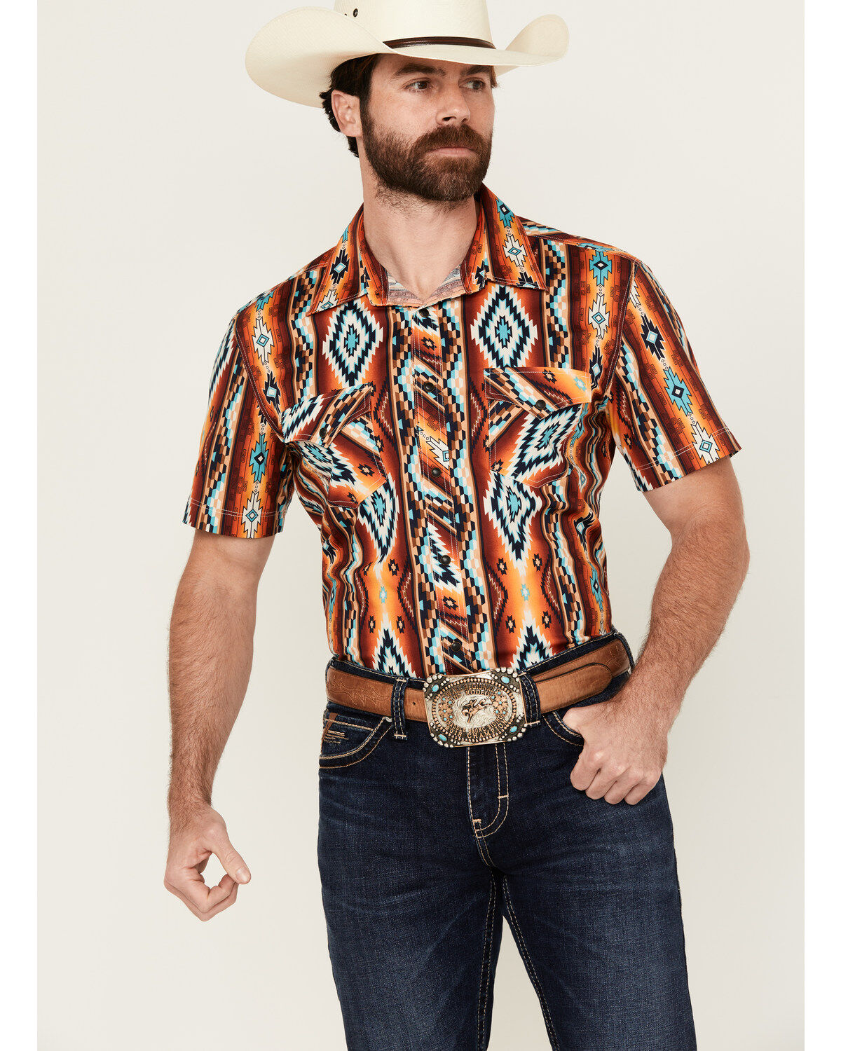 Men's Rock & Roll Denim Southwestern Print Short Sleeve Snap Stretch W