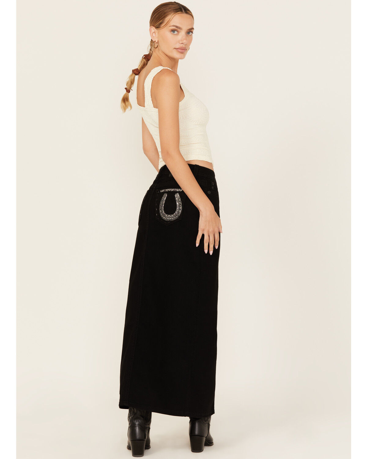 Women's Miss Me Embroidered Pocket Stretch Denim Maxi Skirt