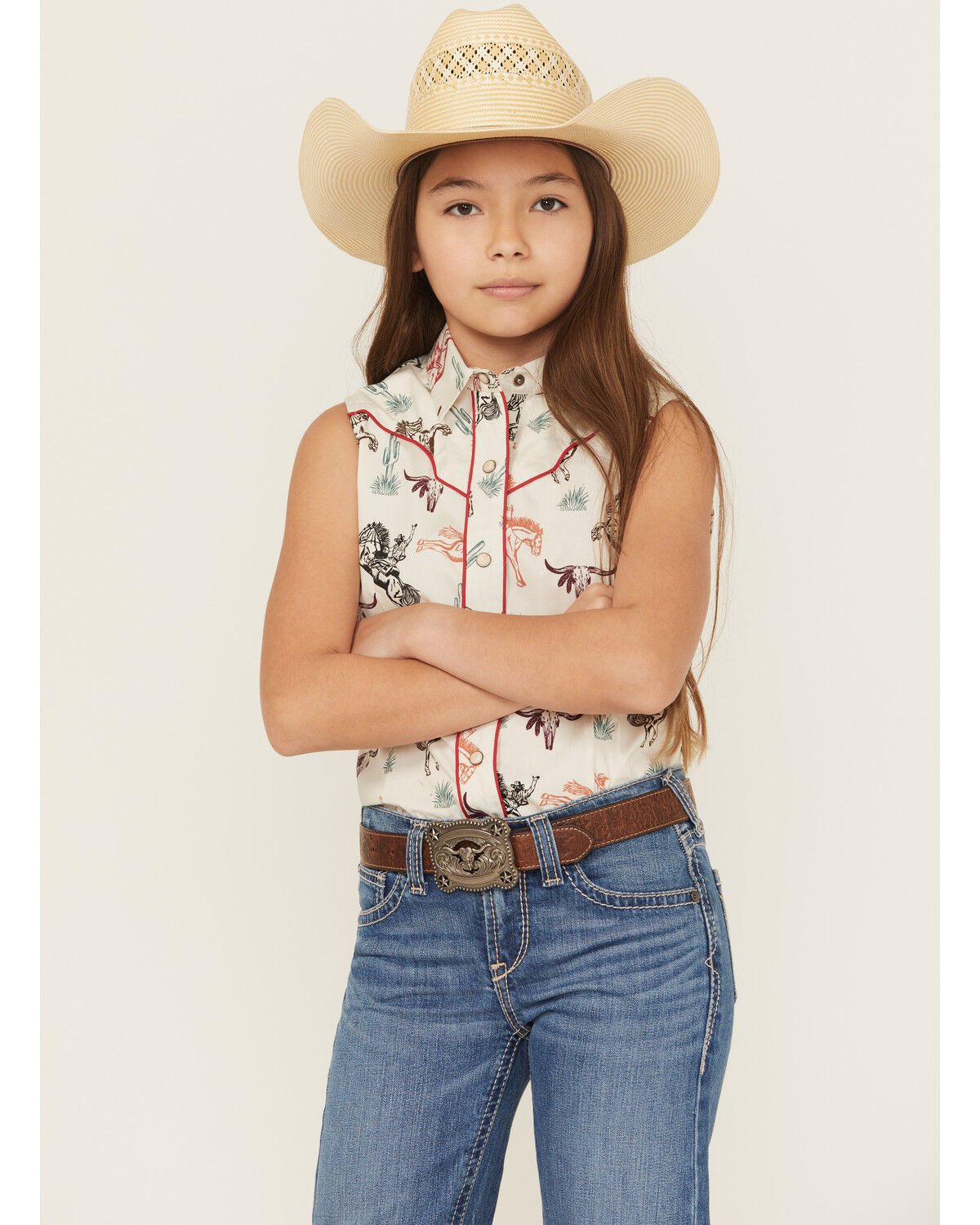 Girls' Rock & Roll Denim Conversation Print Sleeveless Snap Stretch We