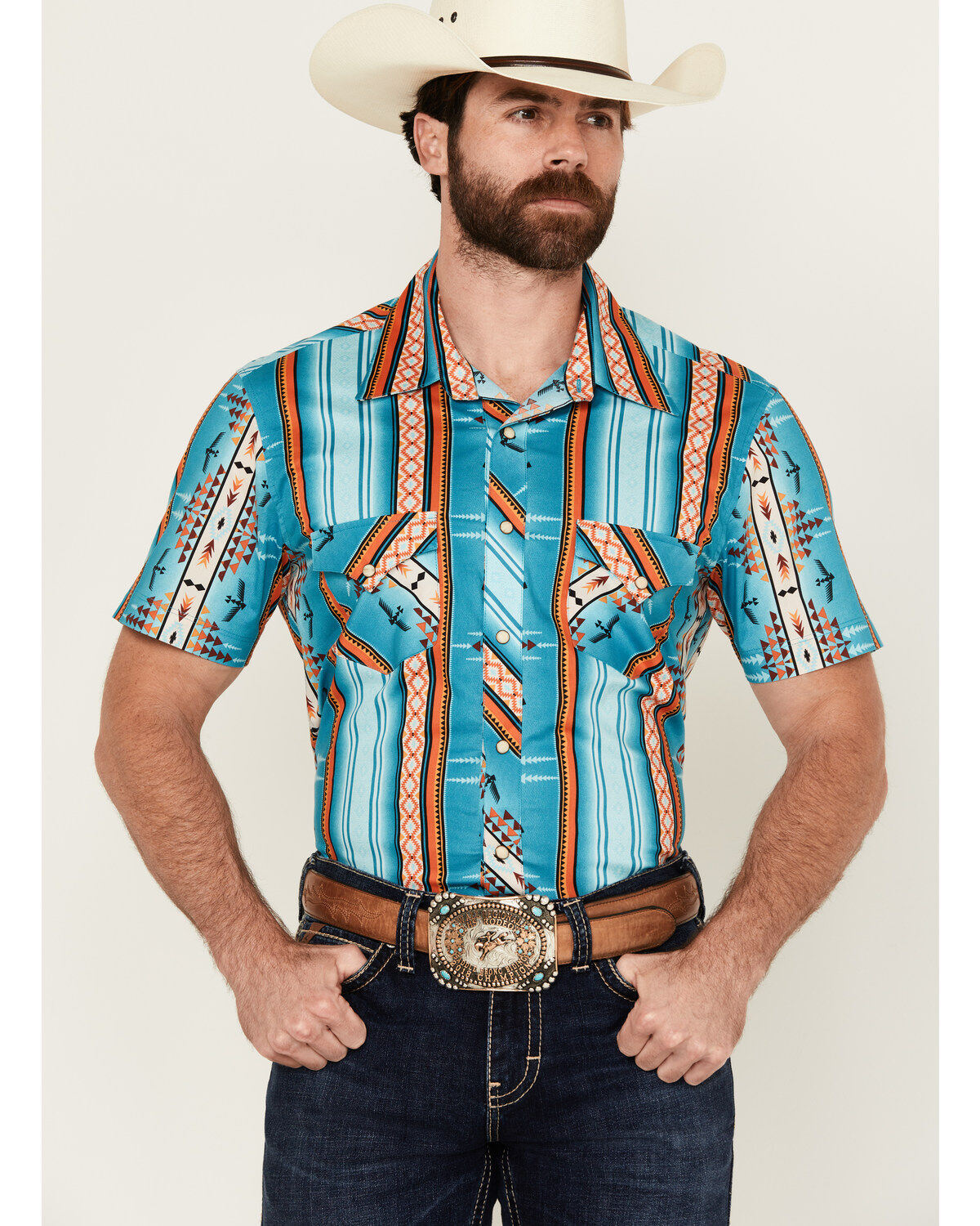 Men's Rock & Roll Denim Southwestern Striped Short Sleeve Snap Stretch
