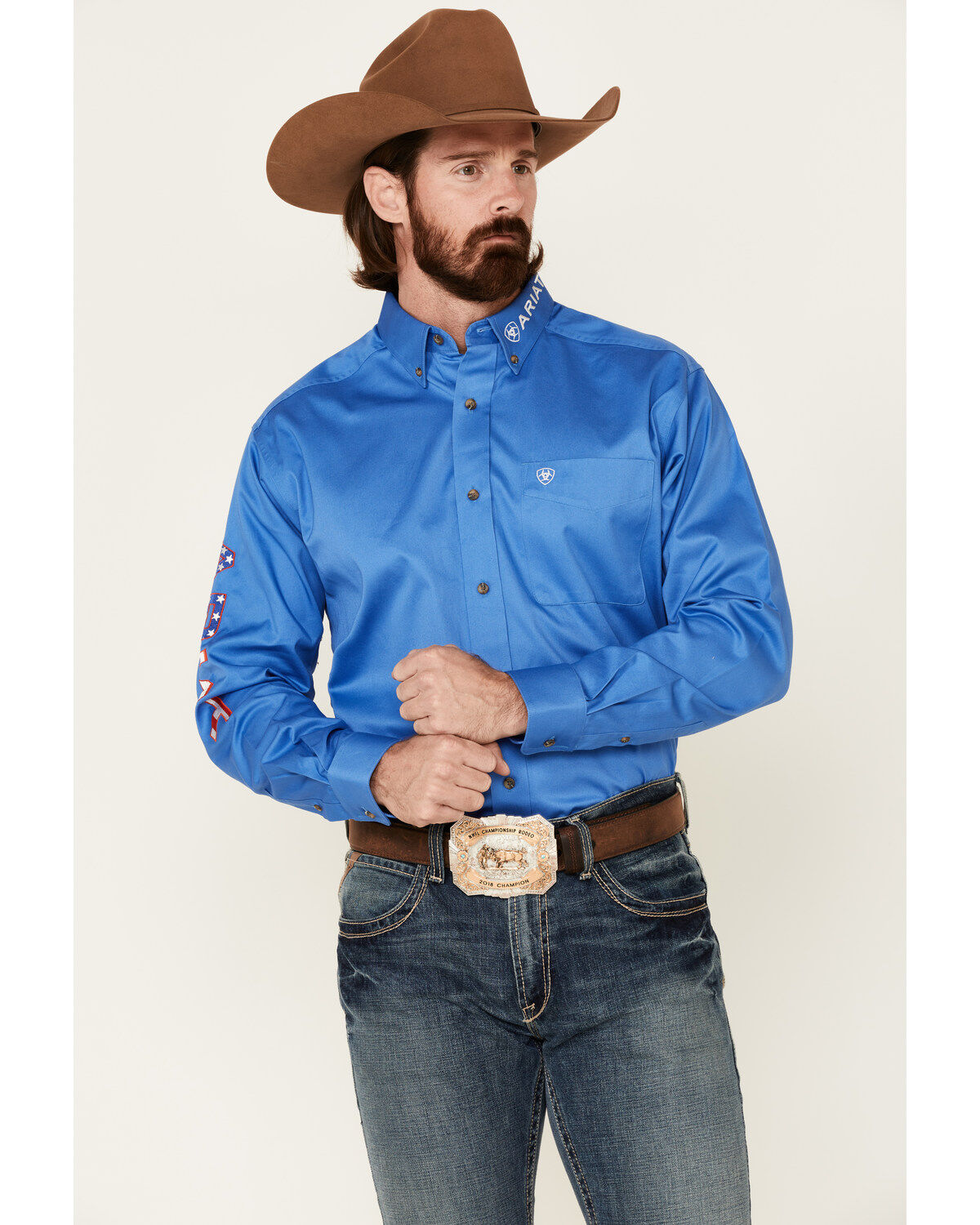Men's Ariat Blue Team Logo Button Long Sleeve Western Shirt - Big