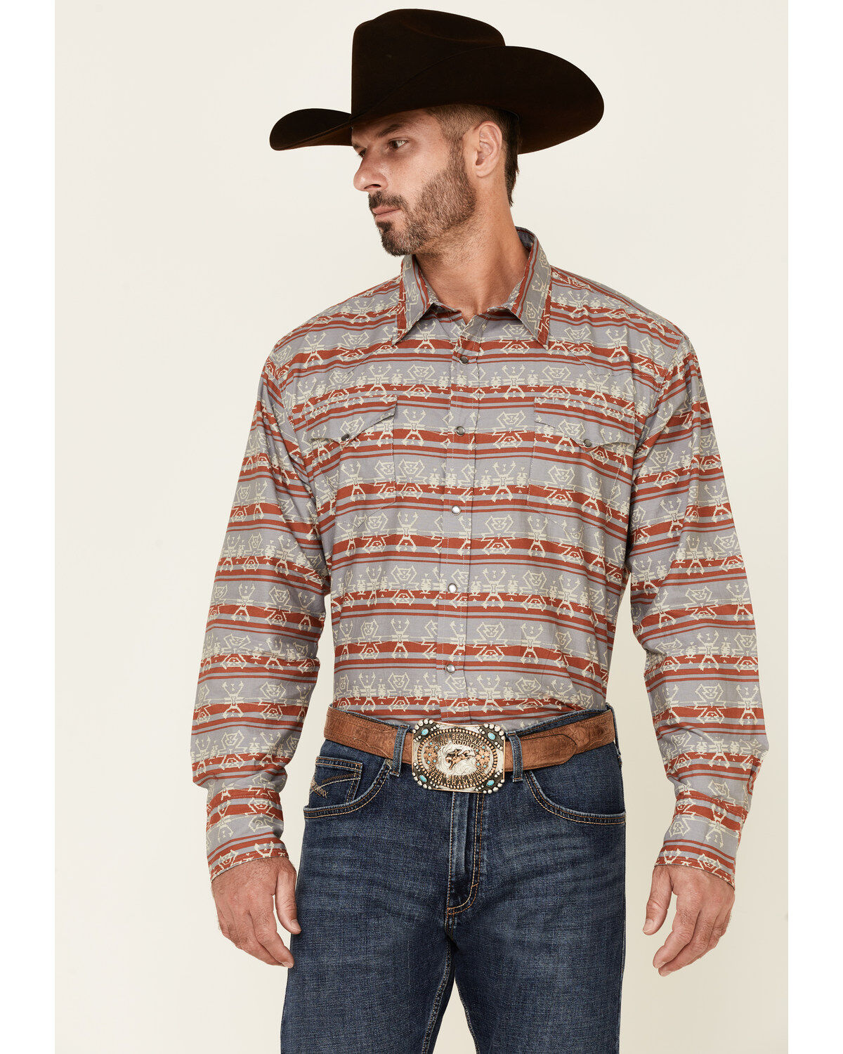 Men's Roper Gray Southwestern Blanket Stripe Long Sleeve Pearl Snap We