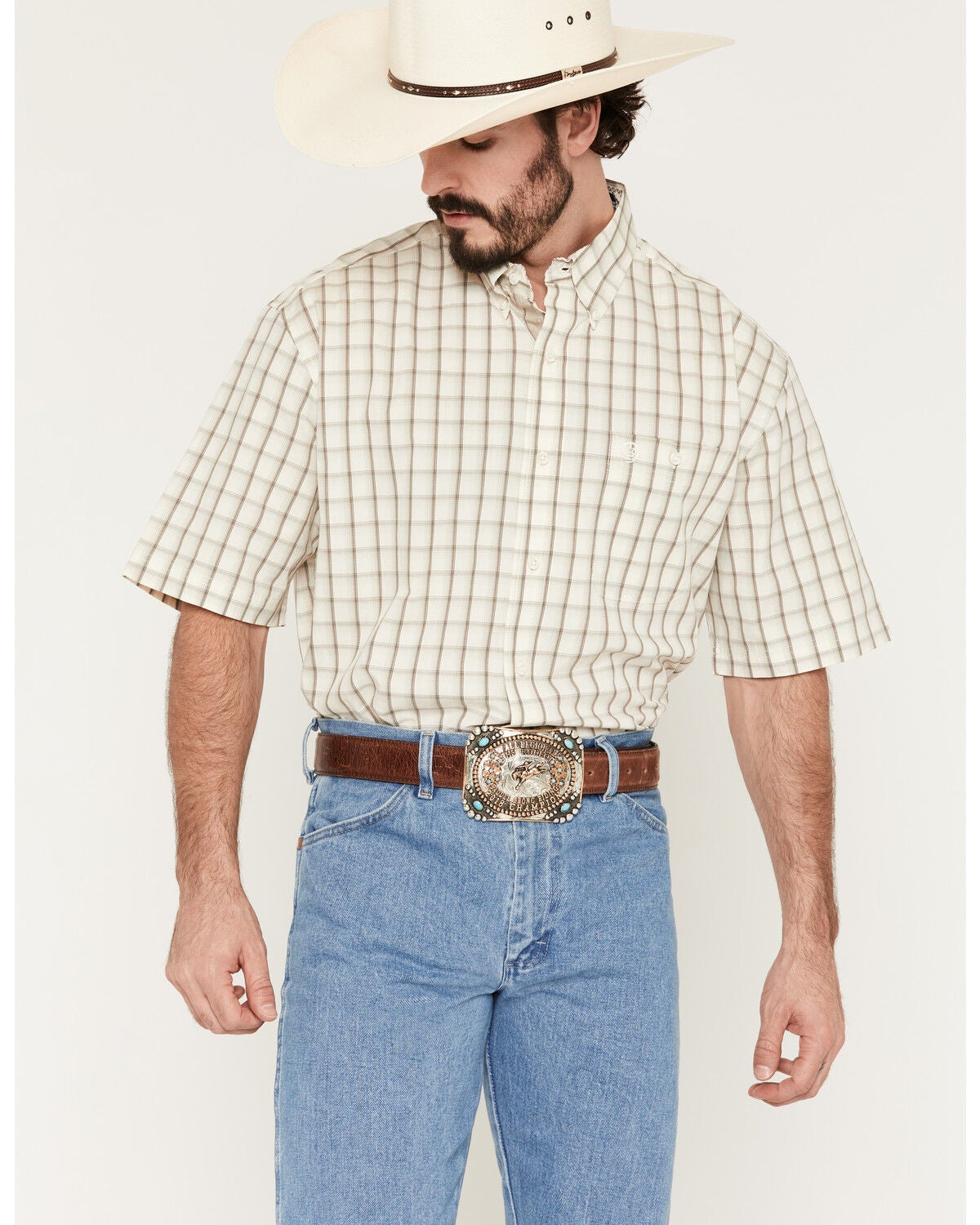 Men's Wrangler George Strait by Plaid Print Short Sleeve Button-Down S