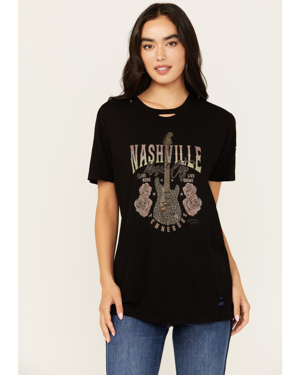 Women's Bohemian Cowgirl Nashville Leopard Guitar Destructed Short Sle