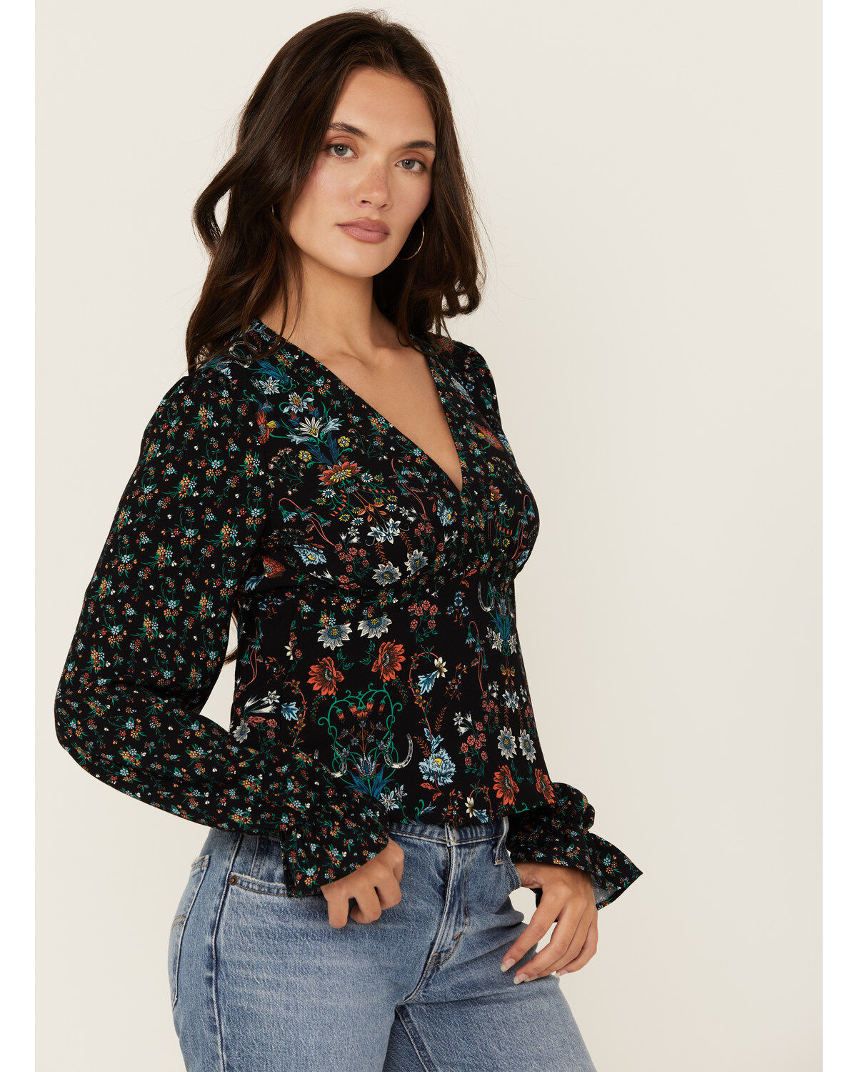 Women's Rock & Roll Denim Floral Print Long Sleeve Shirt