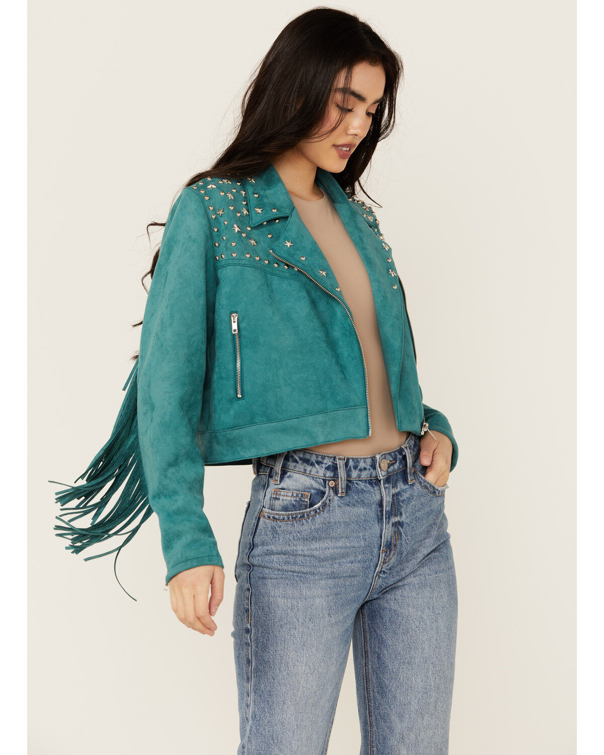 Women's Rock & Roll Denim Faux Suede Moto Fringe Jacket