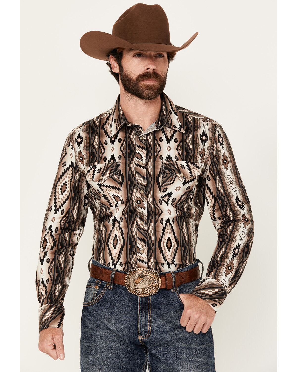 Men's Rock & Roll Denim Southwestern Print Long Sleeve Snap Stretch We