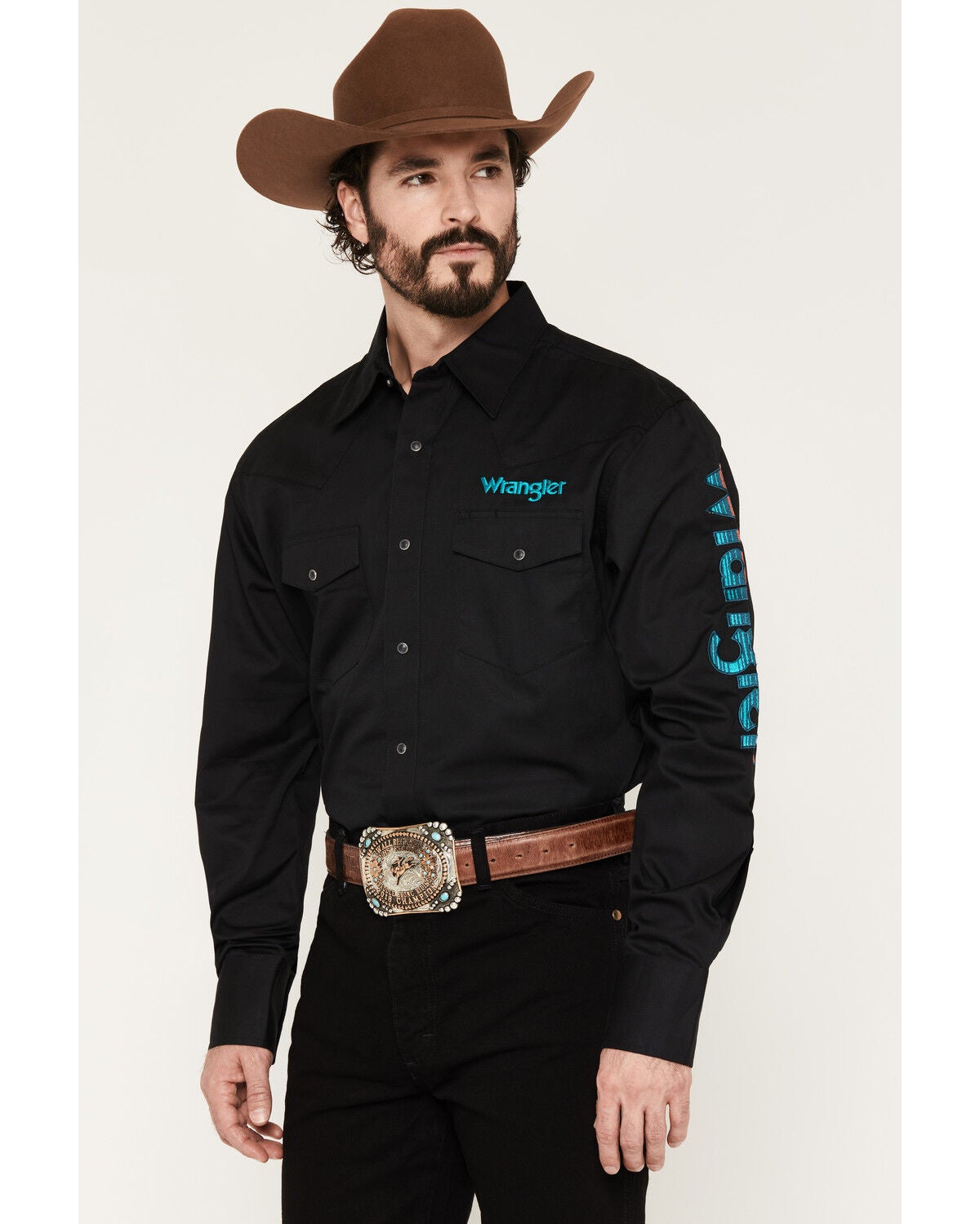 Men's Wrangler Western Solid Logo Long Sleeve Snap Western Shirt