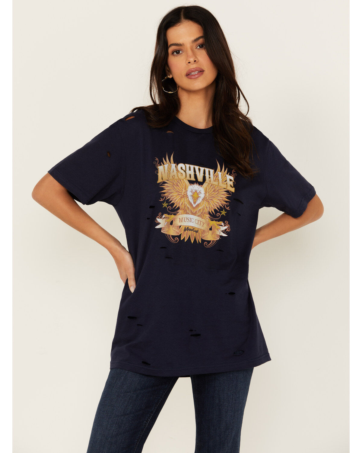 Women's Bohemian Cowgirl Eagle Destructed Short Sleeve Graphic Tee