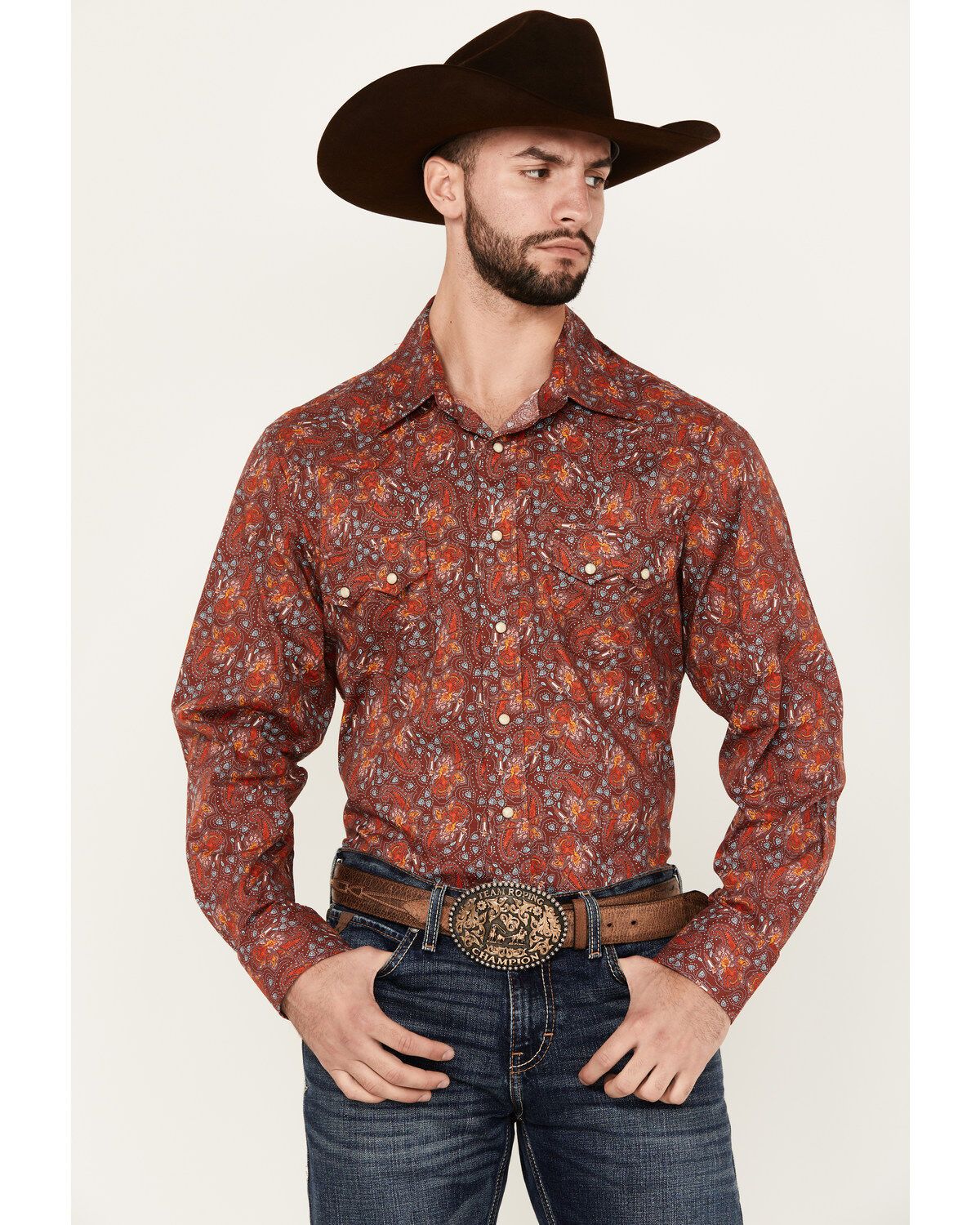 Men's Rock & Roll Denim Paisley Print Long Sleeve Snap Stretch Western