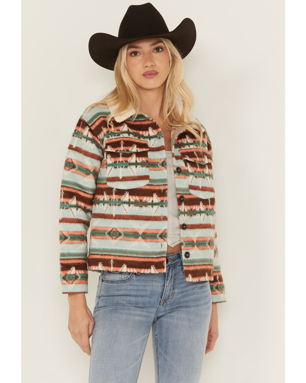 Women's Rock & Roll Denim Southwestern Print Sherpa Jacket