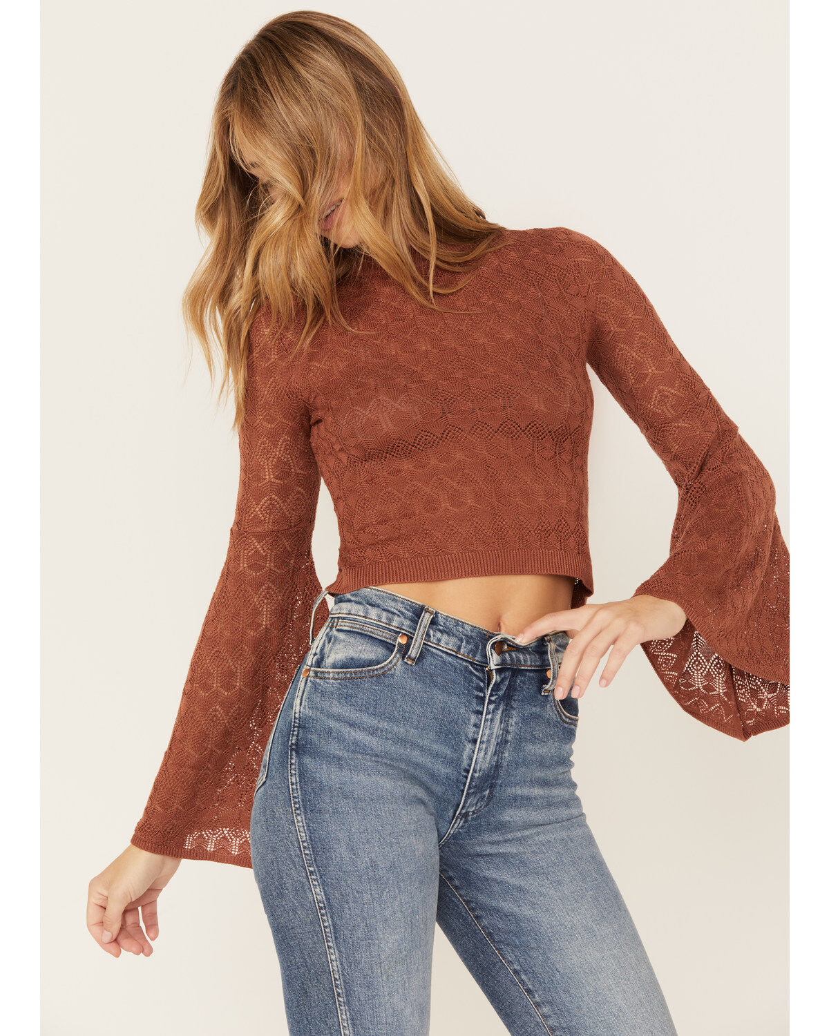 Women's Shyanne Crochet Lace Bell Sleeve Sweater