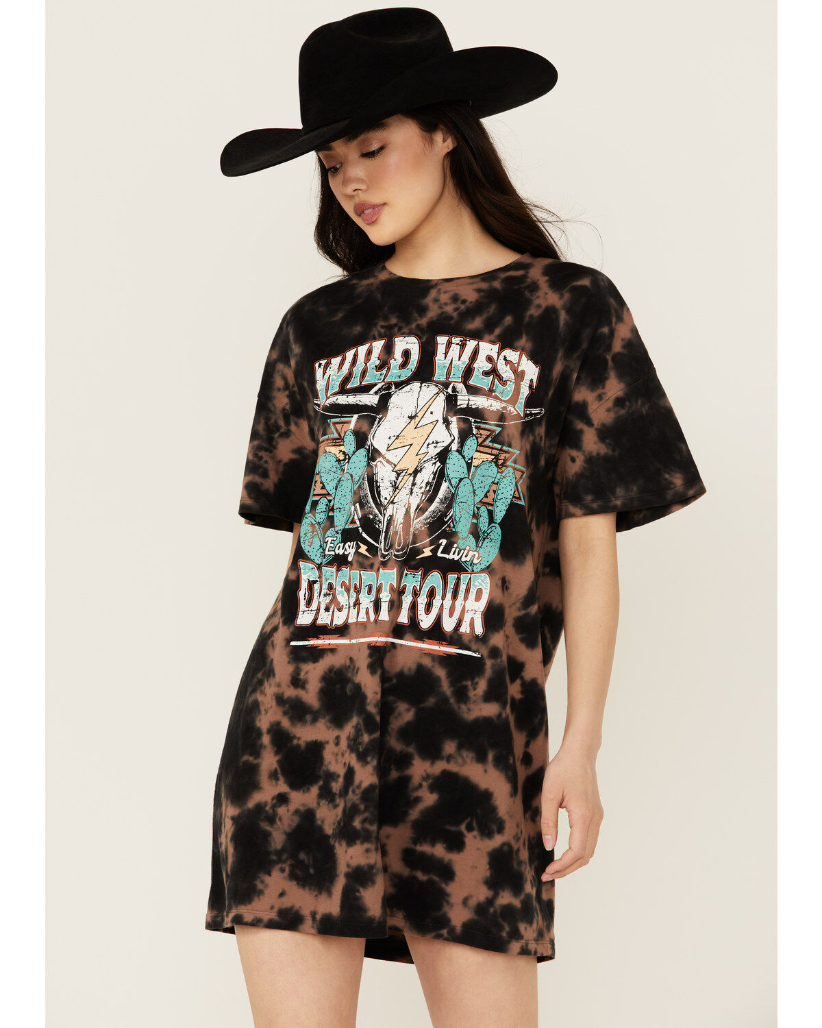 Women's Rock & Roll Denim Tie Dye Graphic Mini Shirt Dress
