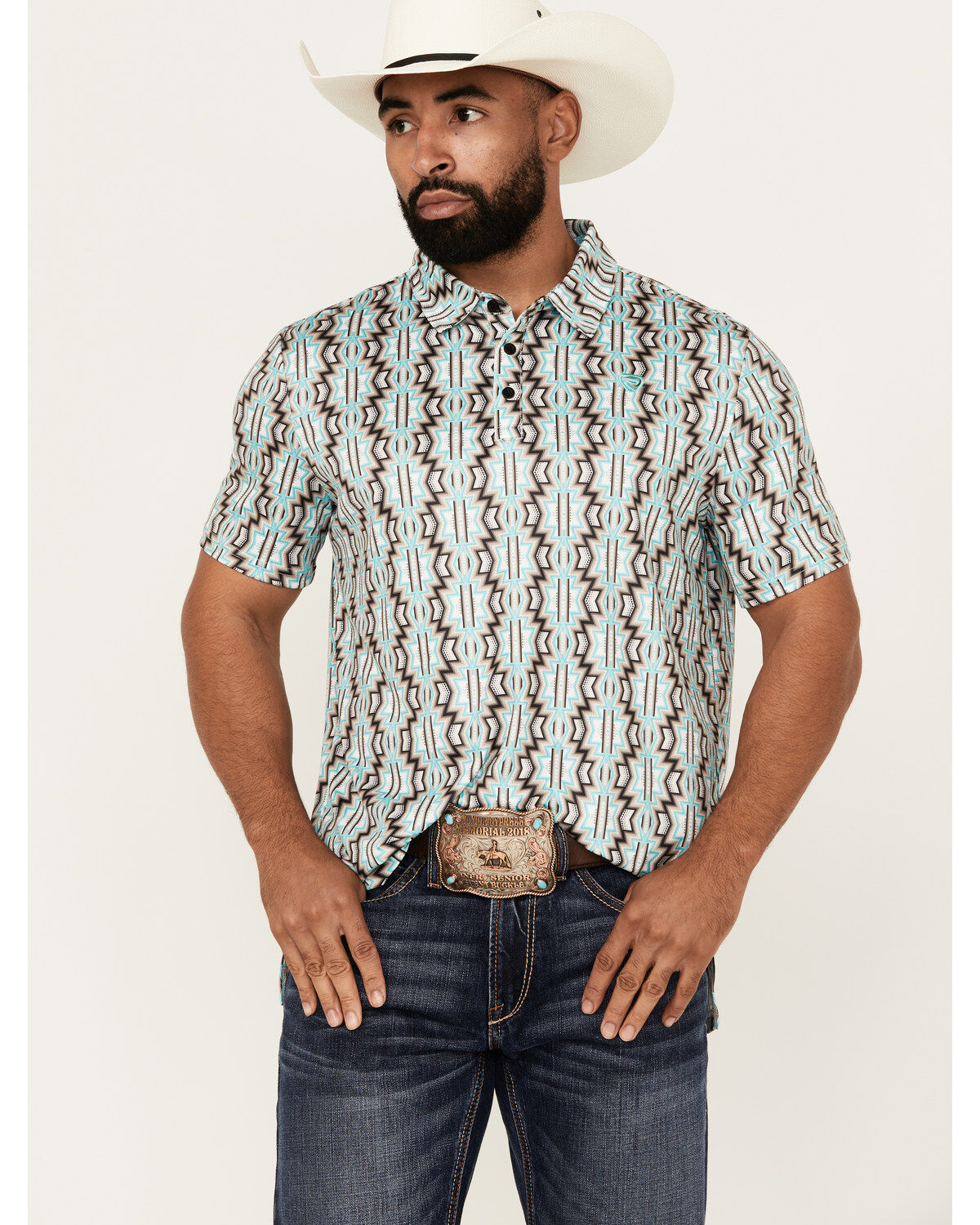 Men's Rock & Roll Denim Southwestern Print Short Sleeve Polo Shirt