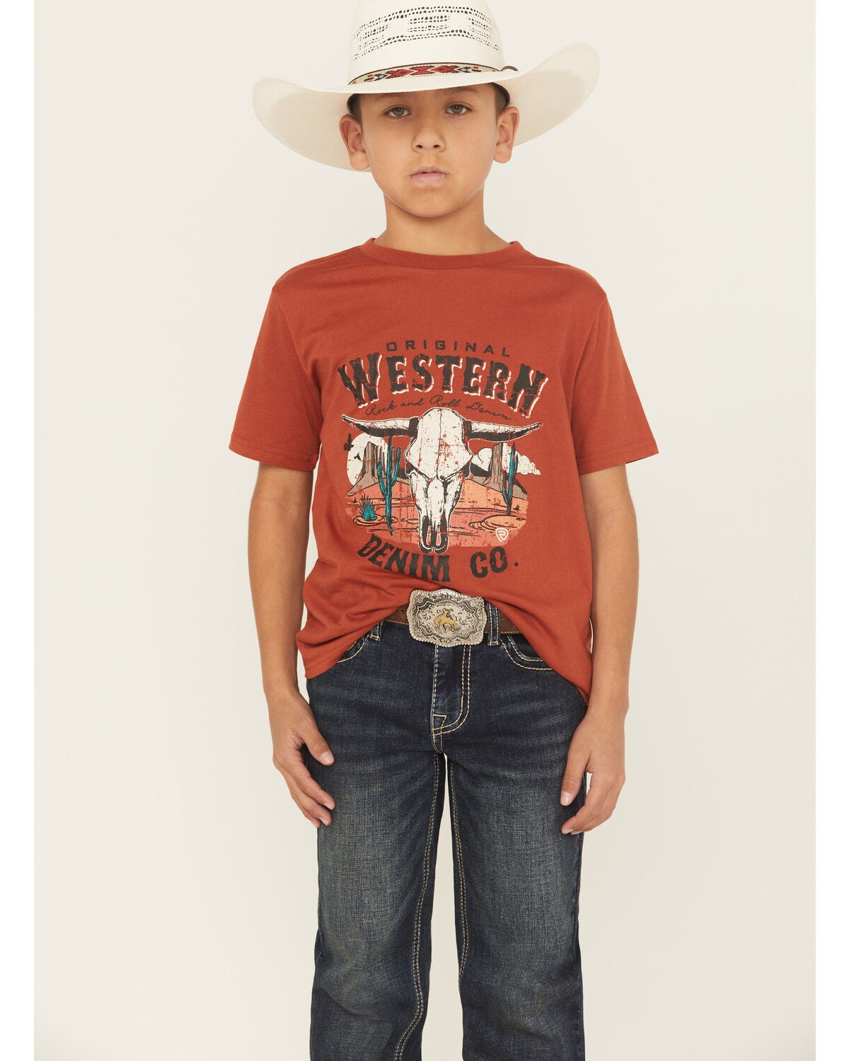 Boys' Rock & Roll Denim Longhorn Skull Logo Short Sleeve Graphic T-Shi