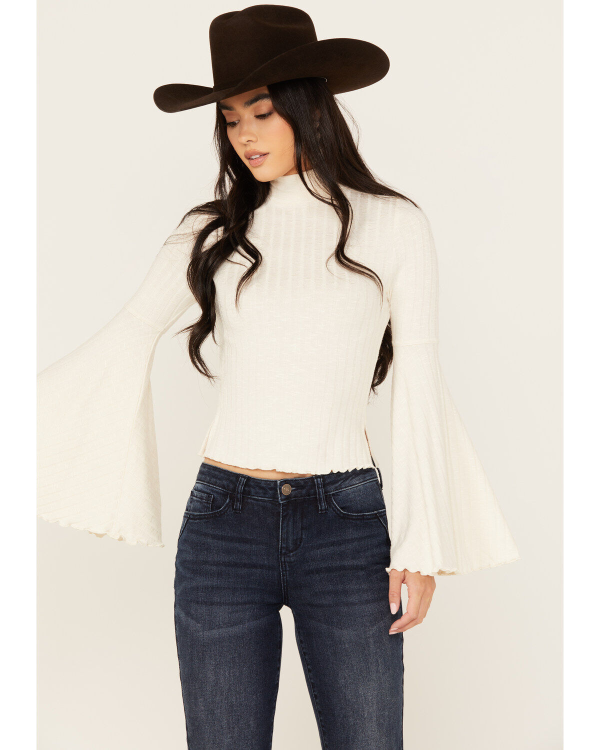Women's Shyanne Rib Knit Mock Neck Bell Sleeve Top