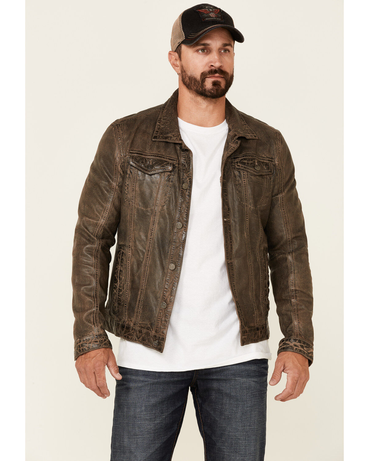 Men's Mauritius Leather Geoff Zip-Front Distressed Trucker Leather Jac