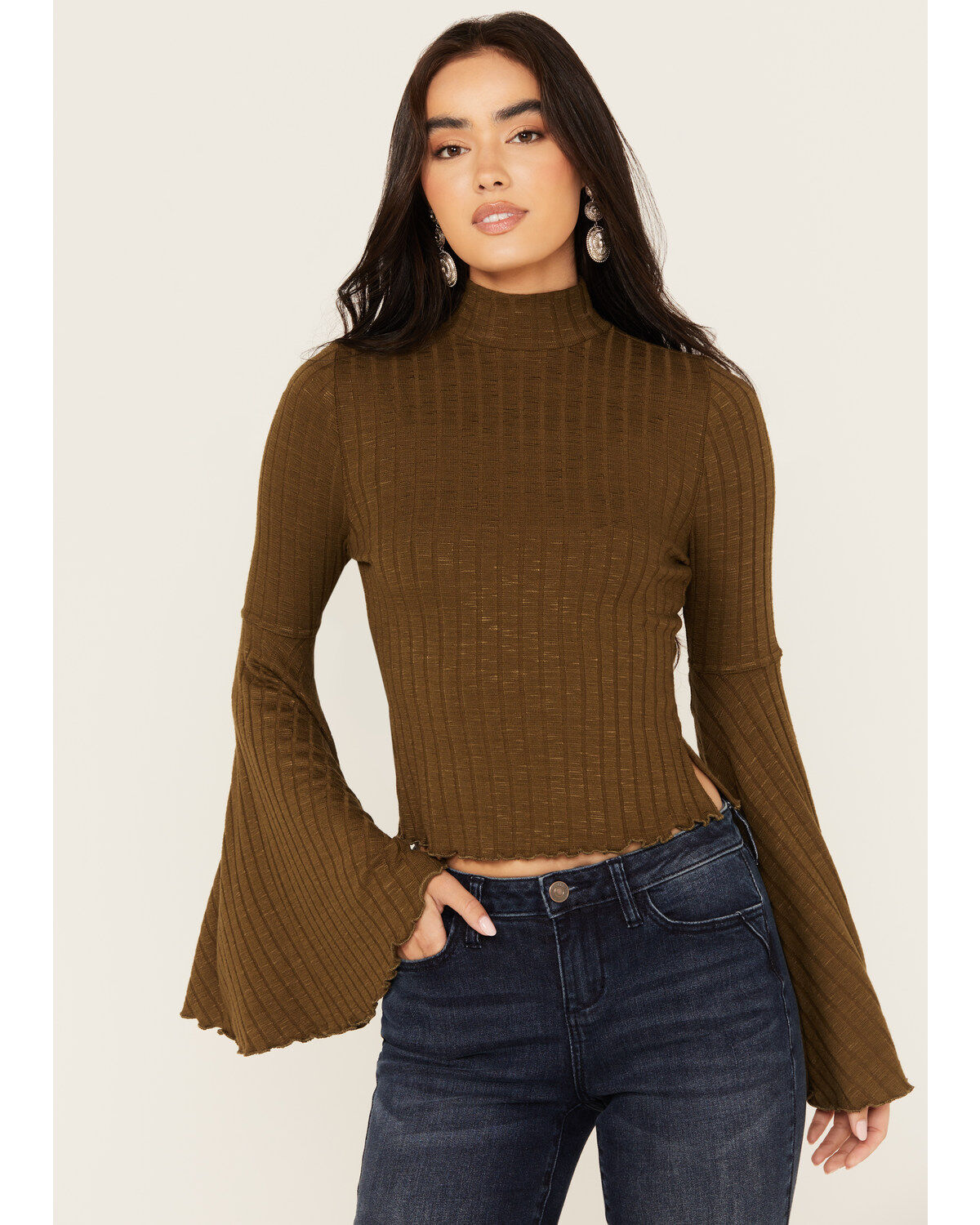 Women's Shyanne Rib Knit Mock Neck Bell Sleeve Top