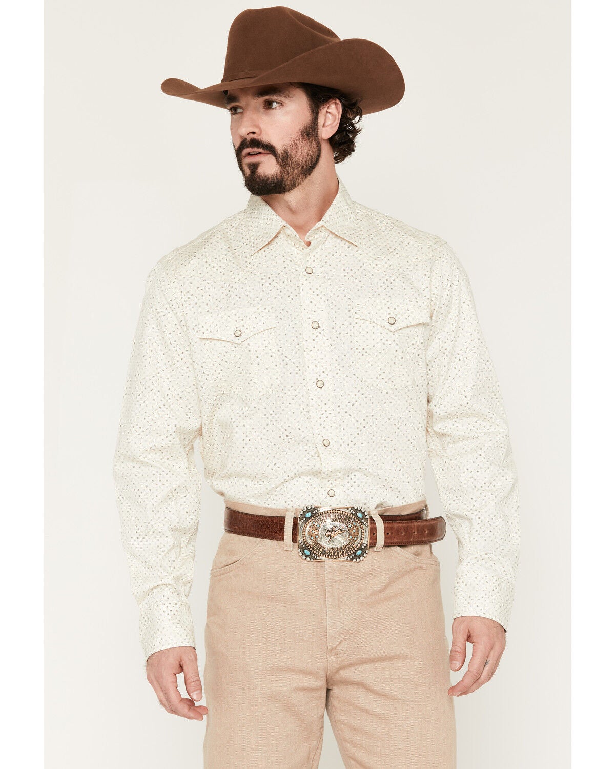 Wrangler Retro Premium Men’s Long Sleeve Snap Western Shirt in Cream – 100% Cotton Micro Geo Print Casual Dress Shirt