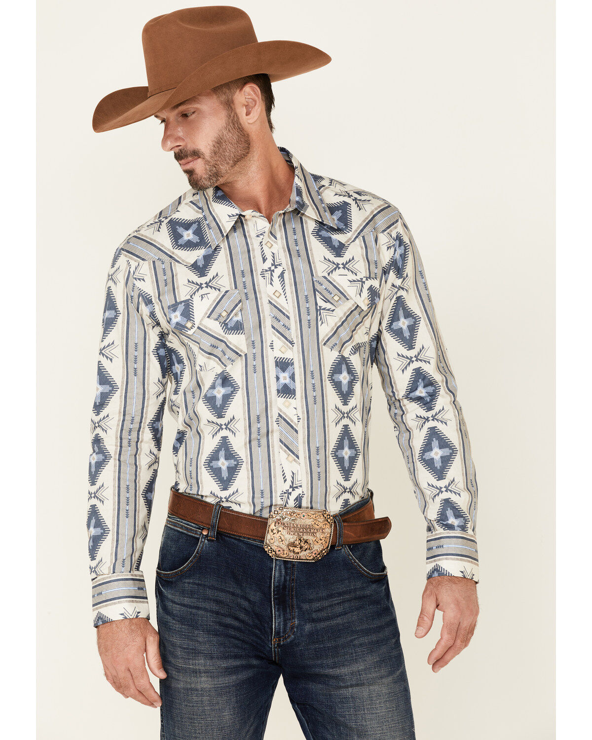Men's Rock & Roll Denim Navy Southwestern Print Long Sleeve Snap Weste
