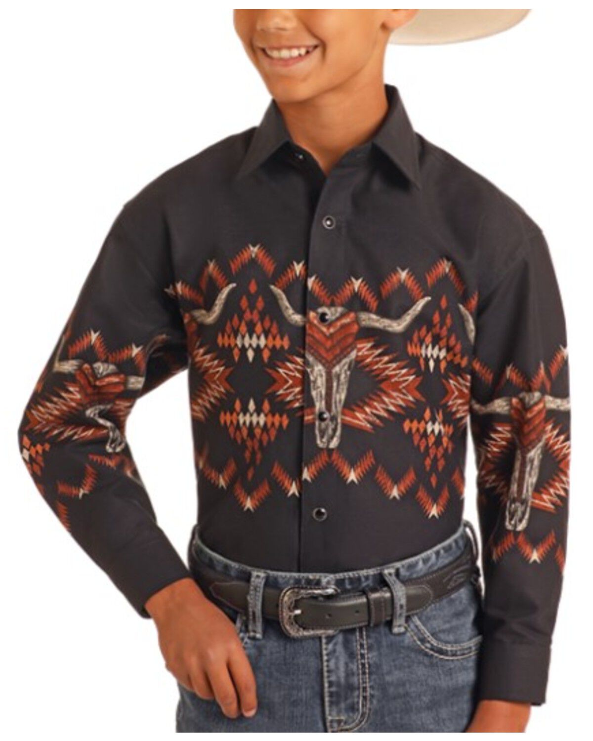 Boys' Panhandle Long Horn Border Print Long Sleeve Snap Western Shirt