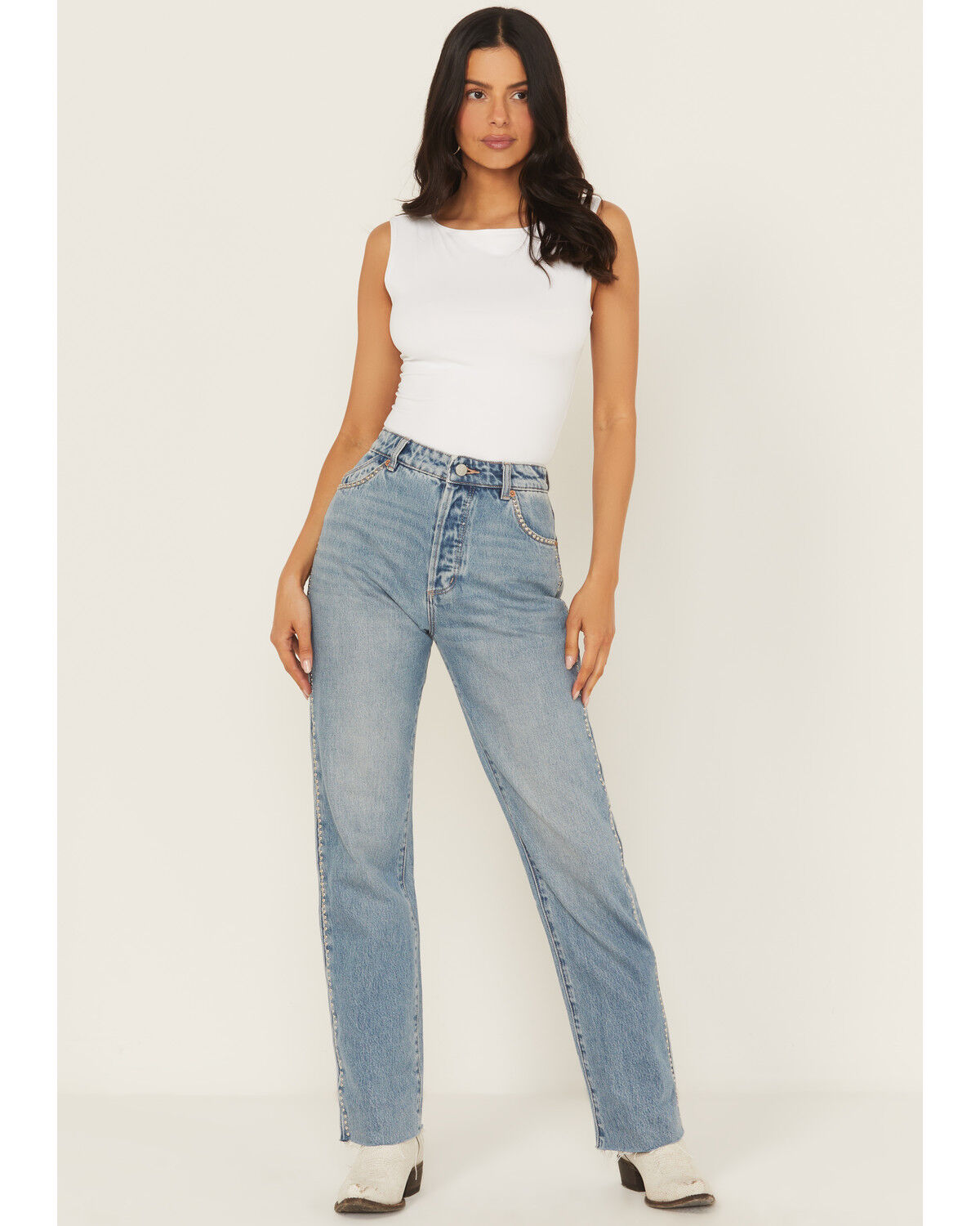 Women's Rolla's X AC/DC Medium Wash Mid Rise Studded 90s Relaxed Strai