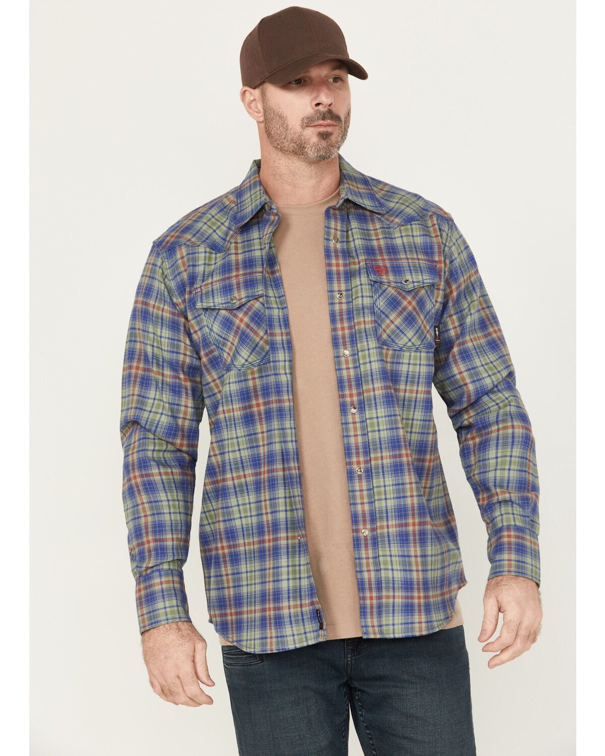 Men's Ariat FR Wilshire Plaid Print Long Sleeve Snap Work Shirt