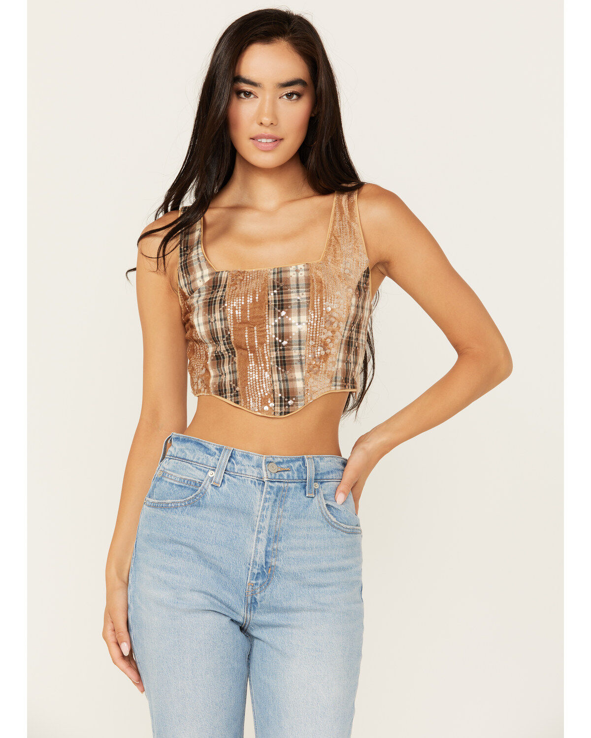 Women's Miss Me Sequins Plaid Print Cropped Tank