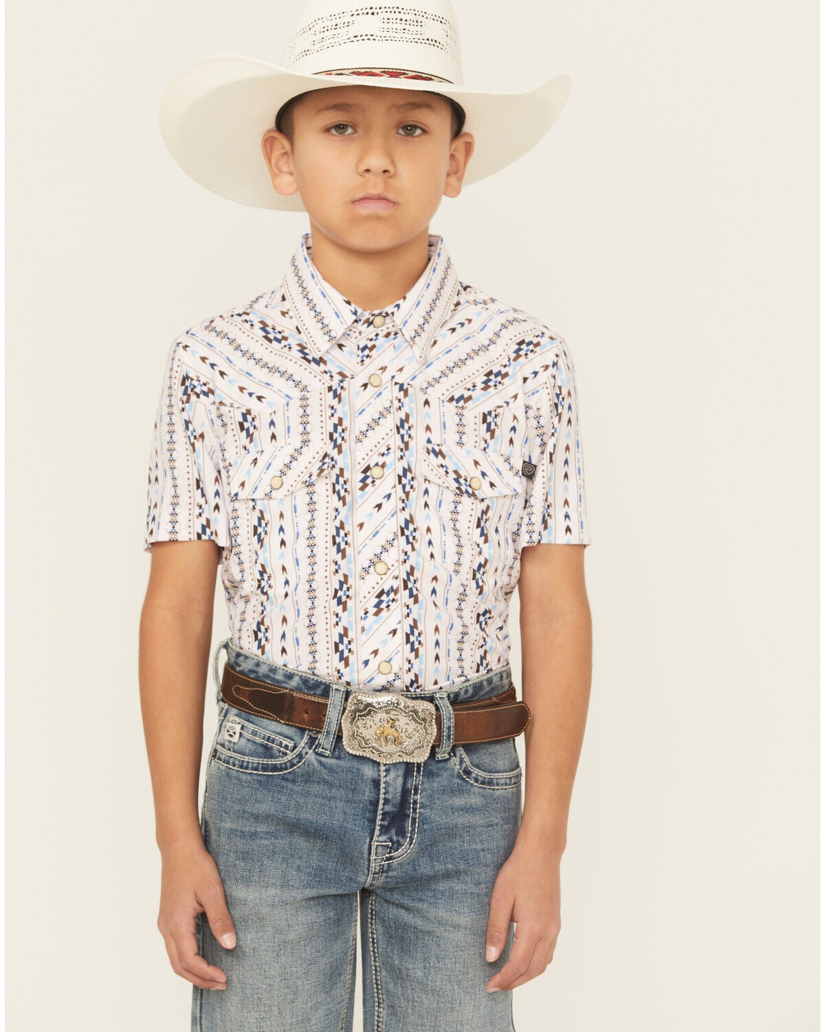Boys' Rock & Roll Denim Southwestern Print Short Sleeve Button-Down Po