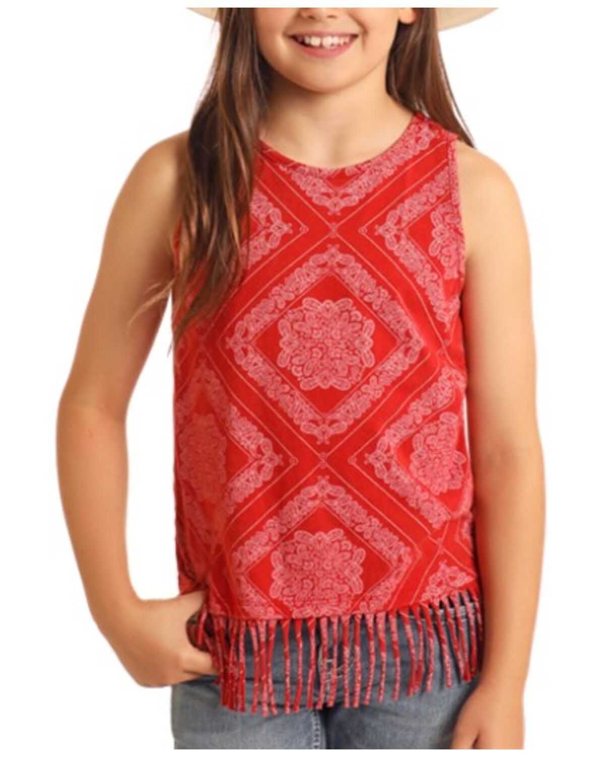 Girls' Rock & Roll Denim Bandana Print Fringe Tank Top