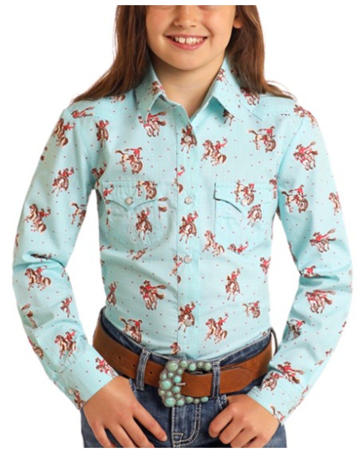 Girls' Panhandle Horse And Heart Print Long Sleeve Snap Western Shirt