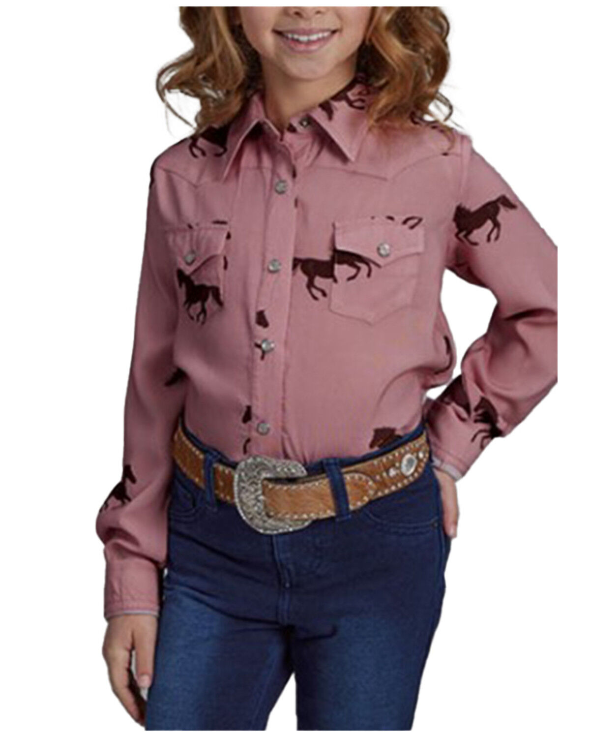 Girls' Roper Running Horse Print Long Sleeve Snap Western Shirt