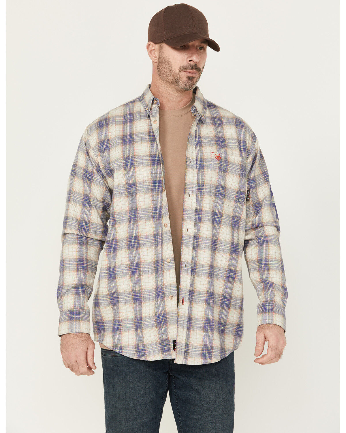 Men's Ariat FR Crenshaw Logo Plaid Print Long Sleeve Button-Down Work