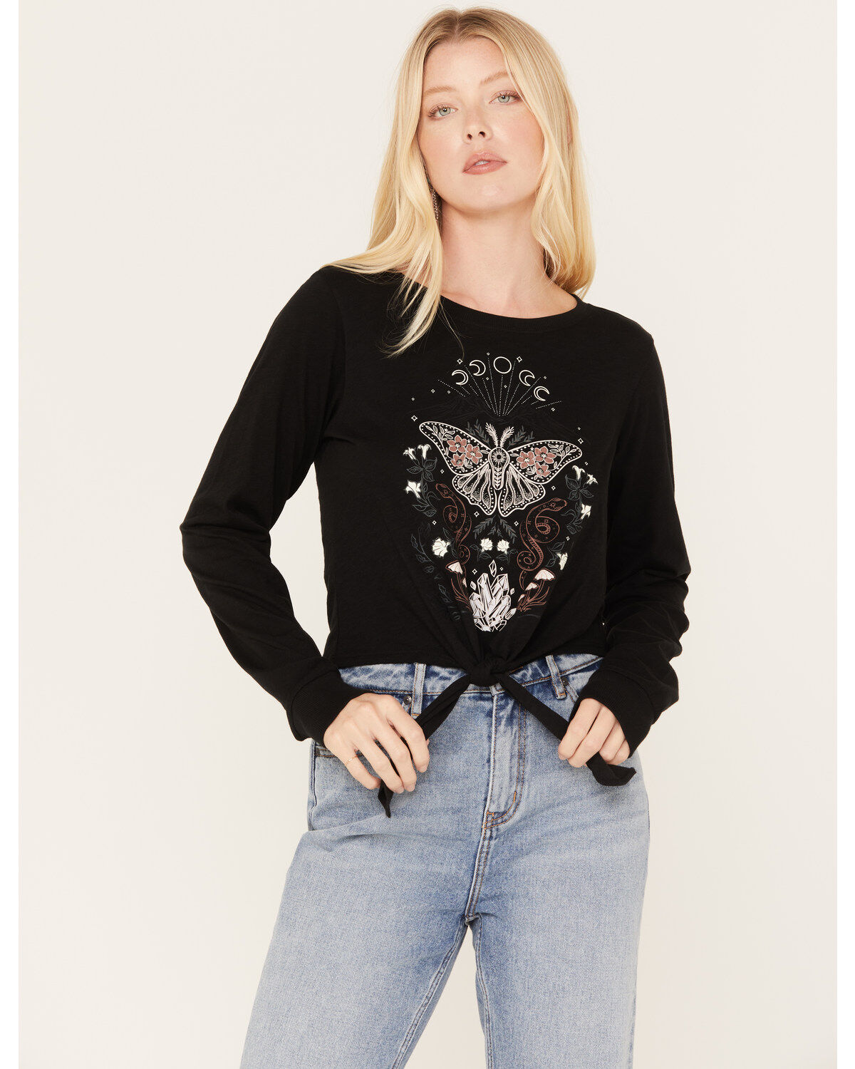Women's Shyanne Tie-Front Butterfly Graphic Long Sleeve Tee