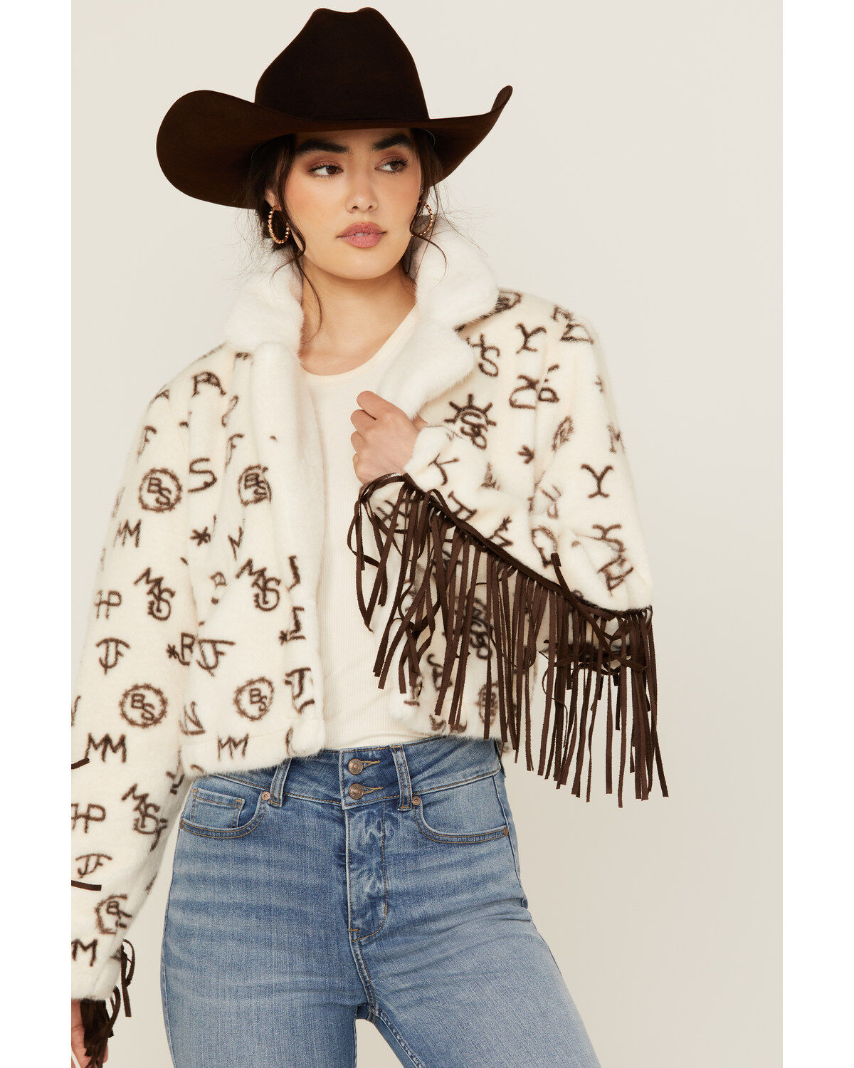 Women's Panhandle Conversation Print Fur Fringe Jacket