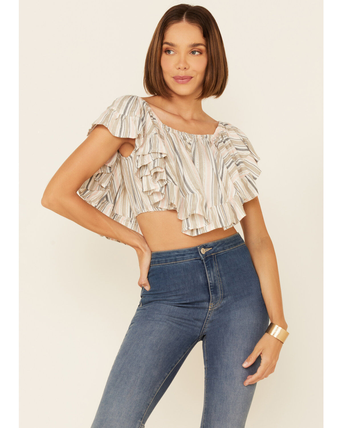 Women's Angie Stripe Butterfly Short Sleeve Crop Top