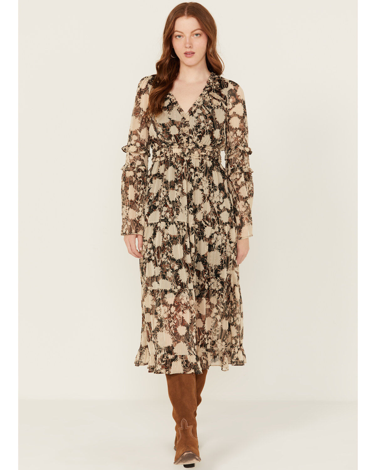 Women's Miss Me Floral Print Long Sleeve Midi Dress